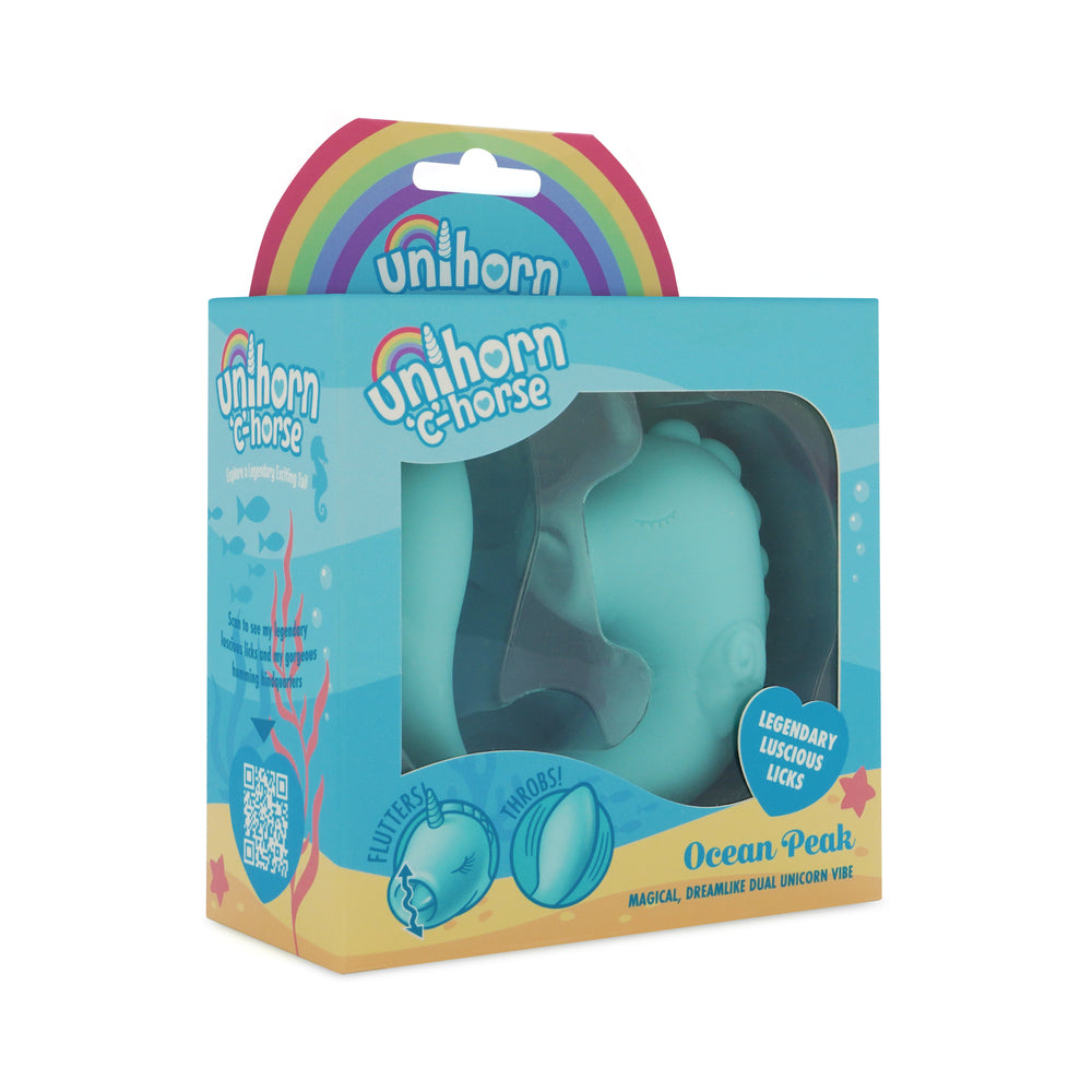 Unihorn C Horse Ocean Peak Blue vibrator packaging with ocean-themed design and dual stimulation feature.