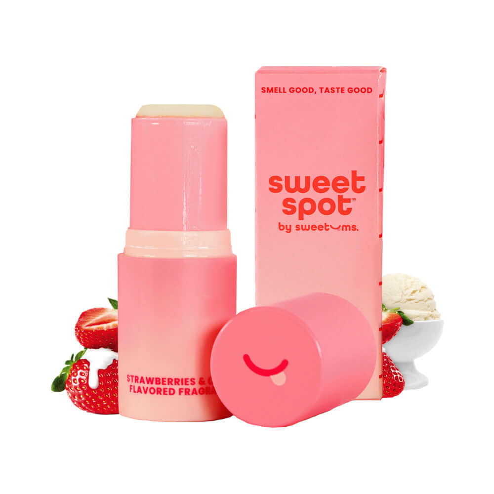 Sweetums Sweet Spot Flavored Fragrance Strawberries & Cream stick and packaging with strawberries.