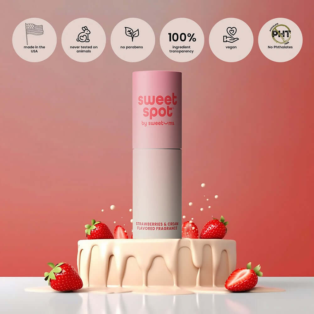 Sweetums Sweet Spot Flavored Fragrance Strawberries & Cream product with strawberries on a cake.