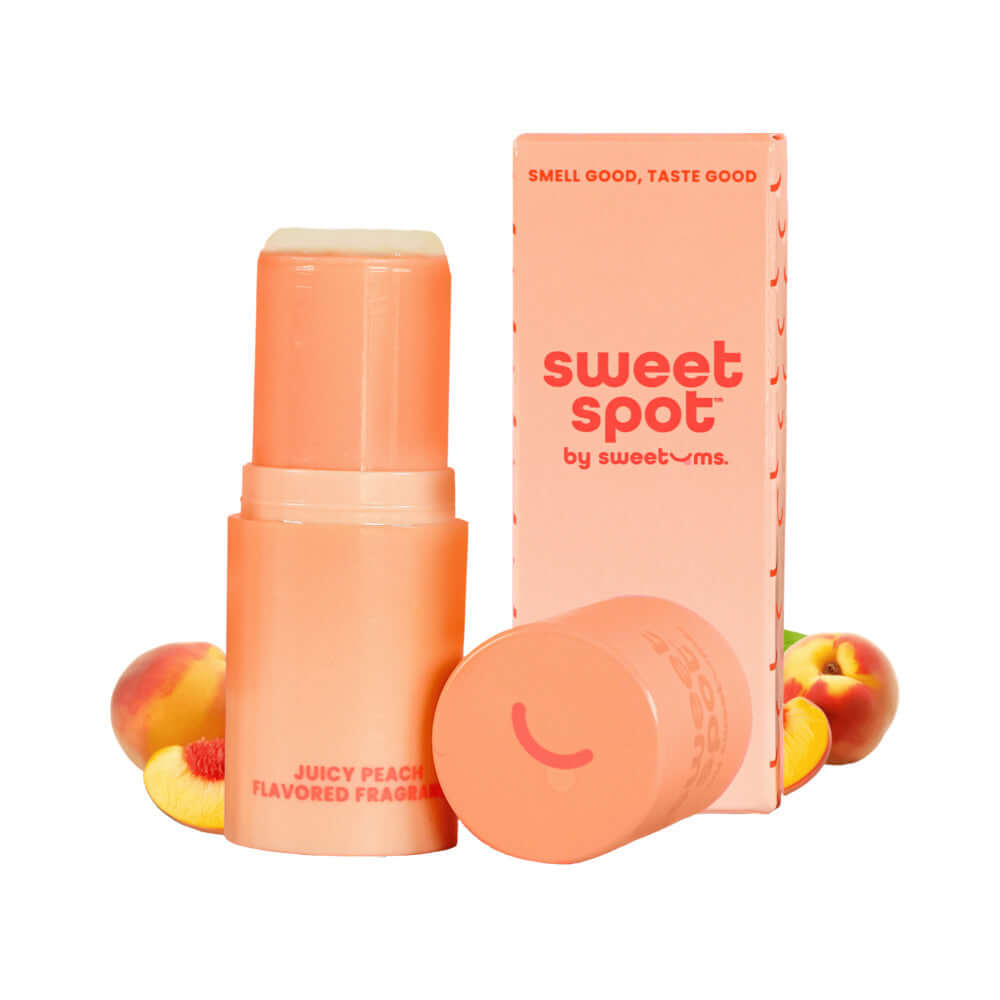 Sweetums Sweet Spot Flavored Fragrance Juicy Peach stick and packaging with peaches.