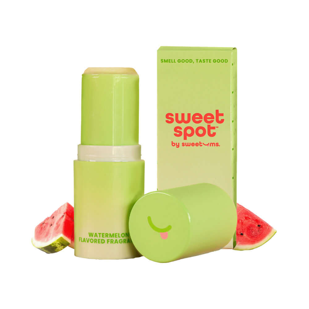 Sweetums Sweet Spot Flavored Fragrance Watermelon in a green container with watermelon slices.