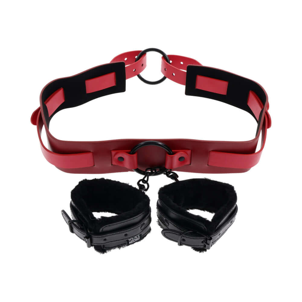Sex & Mischief Exs & Ohs Bound and Belted bondage restraint with red belt and black cuffs.