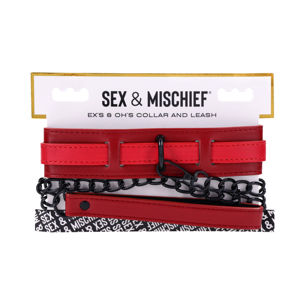 Sportsheets Sex and Mischief Exs & Ohs Collar and Leash in red faux leather with chain leash.