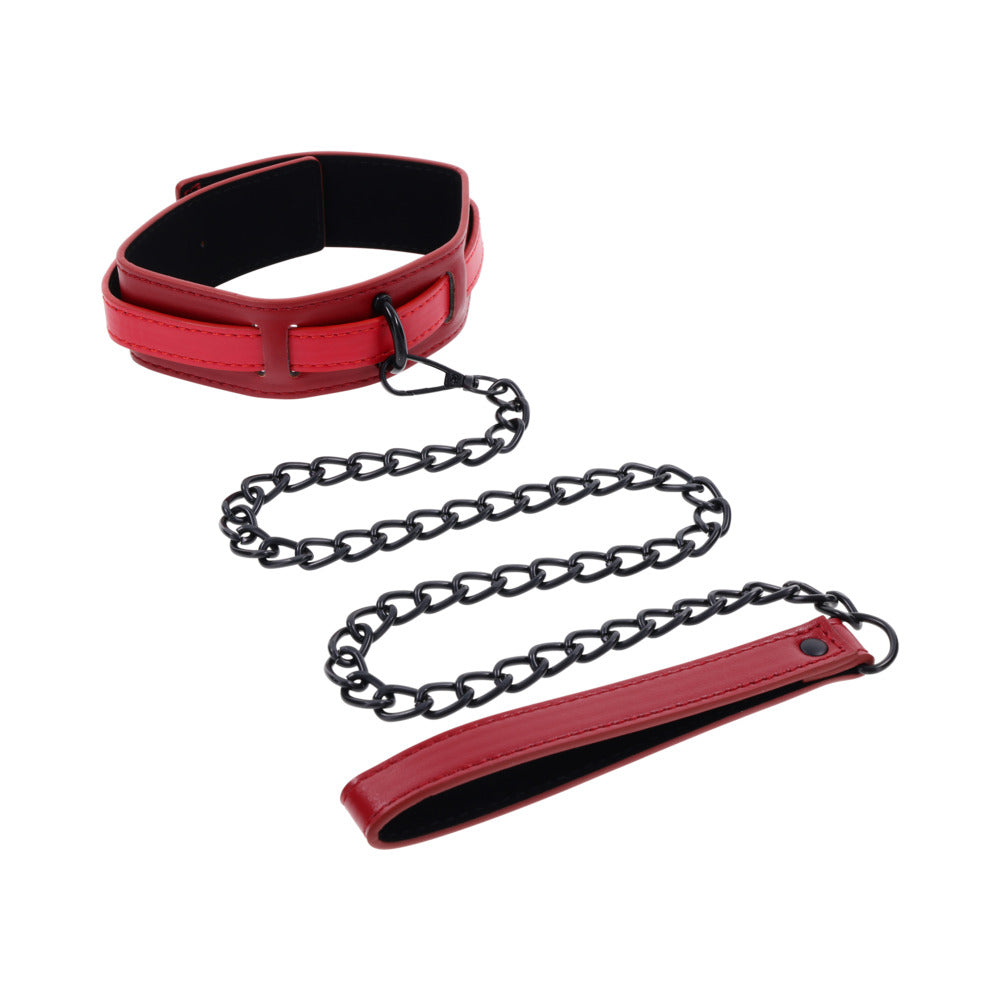 Sportsheets Sex and Mischief Exs & Ohs Collar and Leash featuring red faux leather collar and black chain leash.
