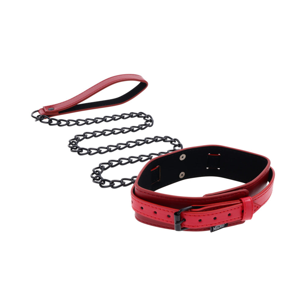 Sportsheets Sex and Mischief Exs & Ohs Collar and Leash in deep red faux leather with chain, perfect for bondage play.