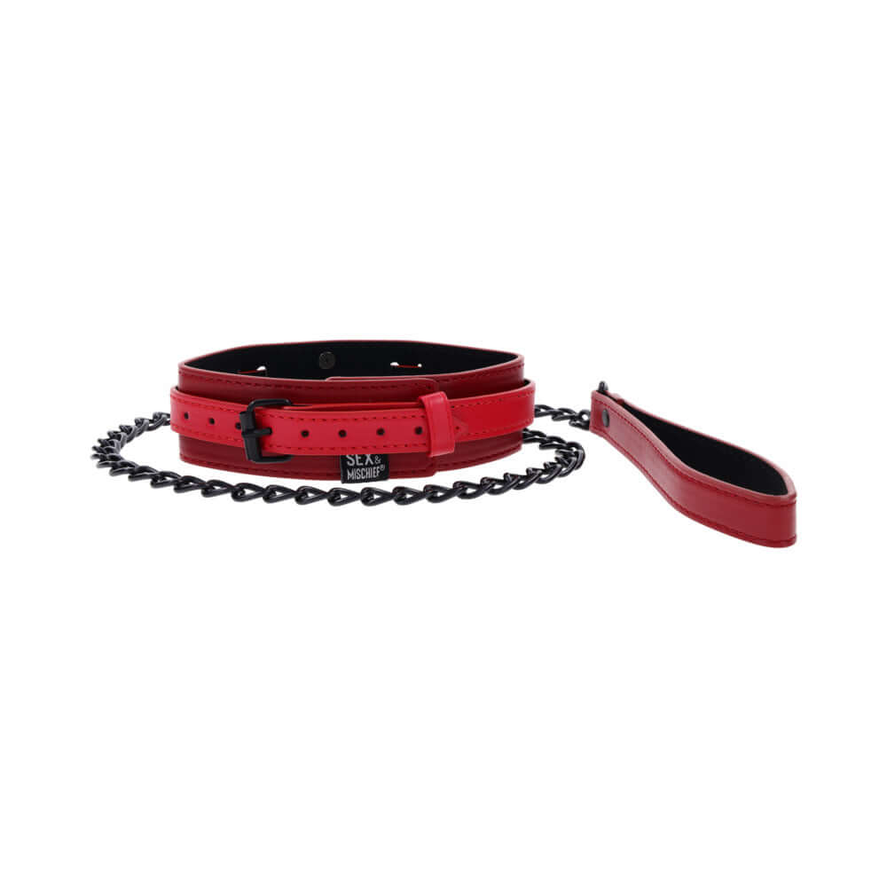 Sportsheets Sex and Mischief Exs & Ohs Collar and Leash in red faux leather with black chain.