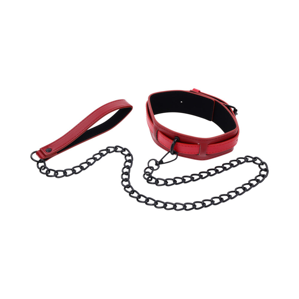 Sportsheets Sex and Mischief Exs & Ohs Collar and Leash in deep red faux leather with a black chain.