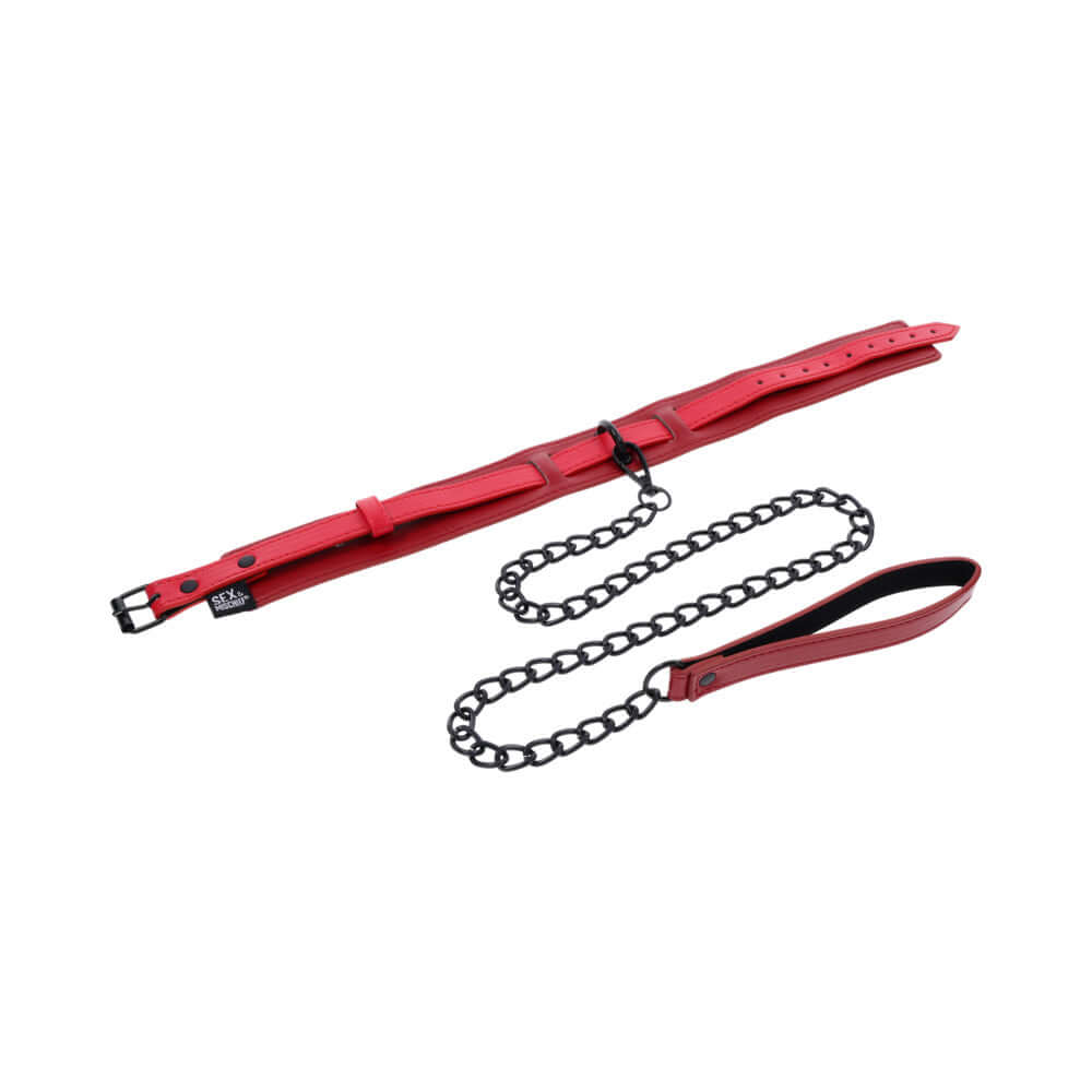 Sportsheets Sex and Mischief Exs & Ohs Collar and Leash featuring red faux leather and a chain.