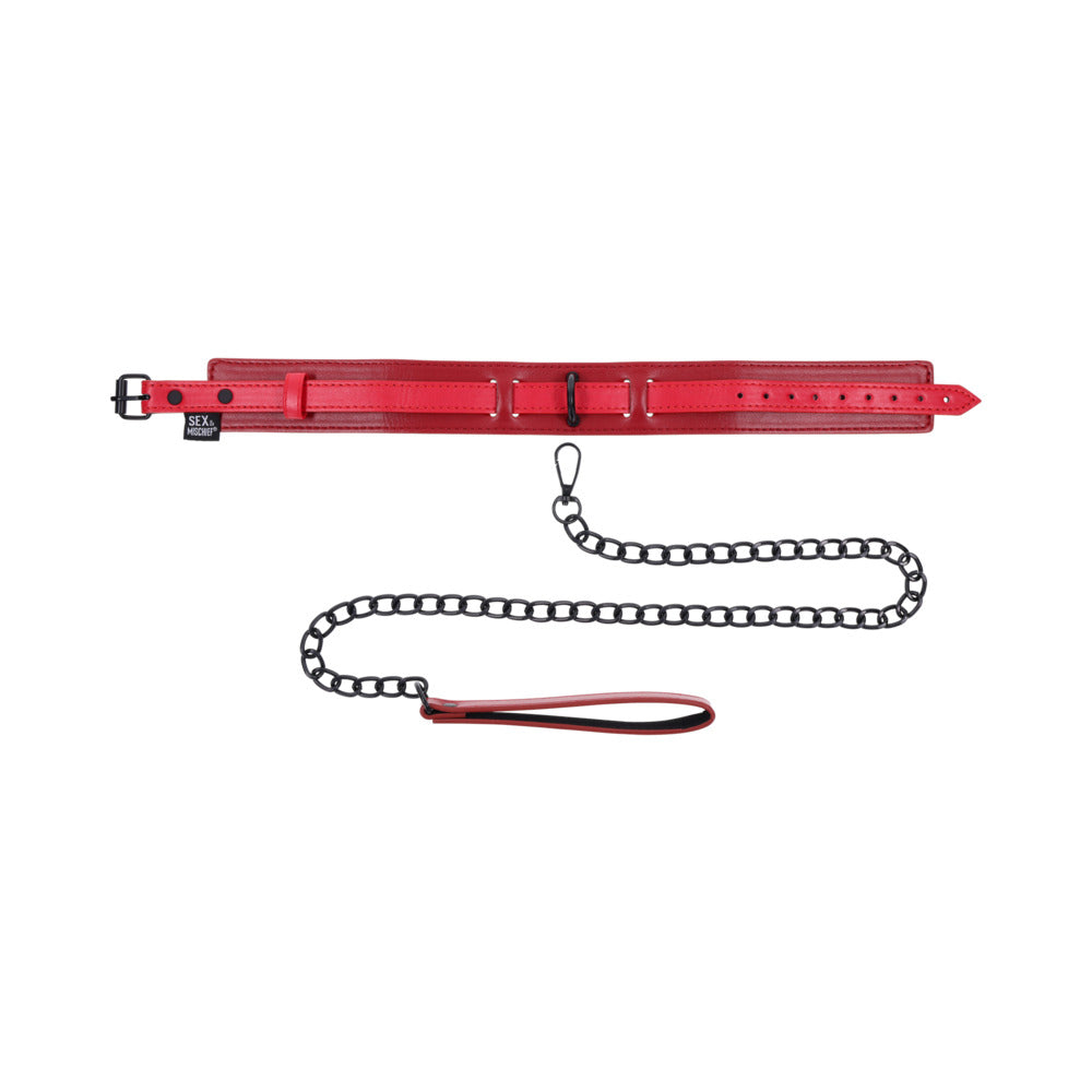 Sportsheets Sex and Mischief Exs & Ohs Collar and Leash with red faux leather collar and black chain leash