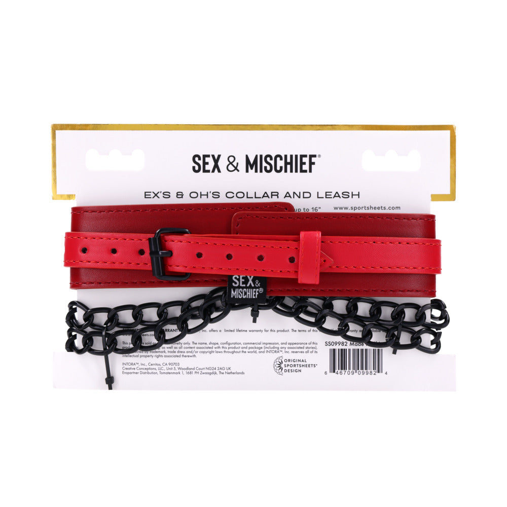 Sportsheets Sex and Mischief Exs & Ohs Collar and Leash in red faux leather with chain leash.