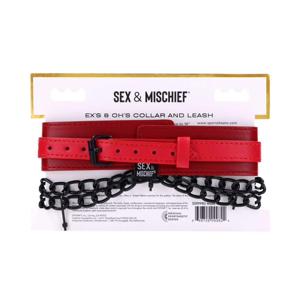 Sportsheets Sex and Mischief Exs & Ohs Collar and Leash in red faux leather with chain leash.
