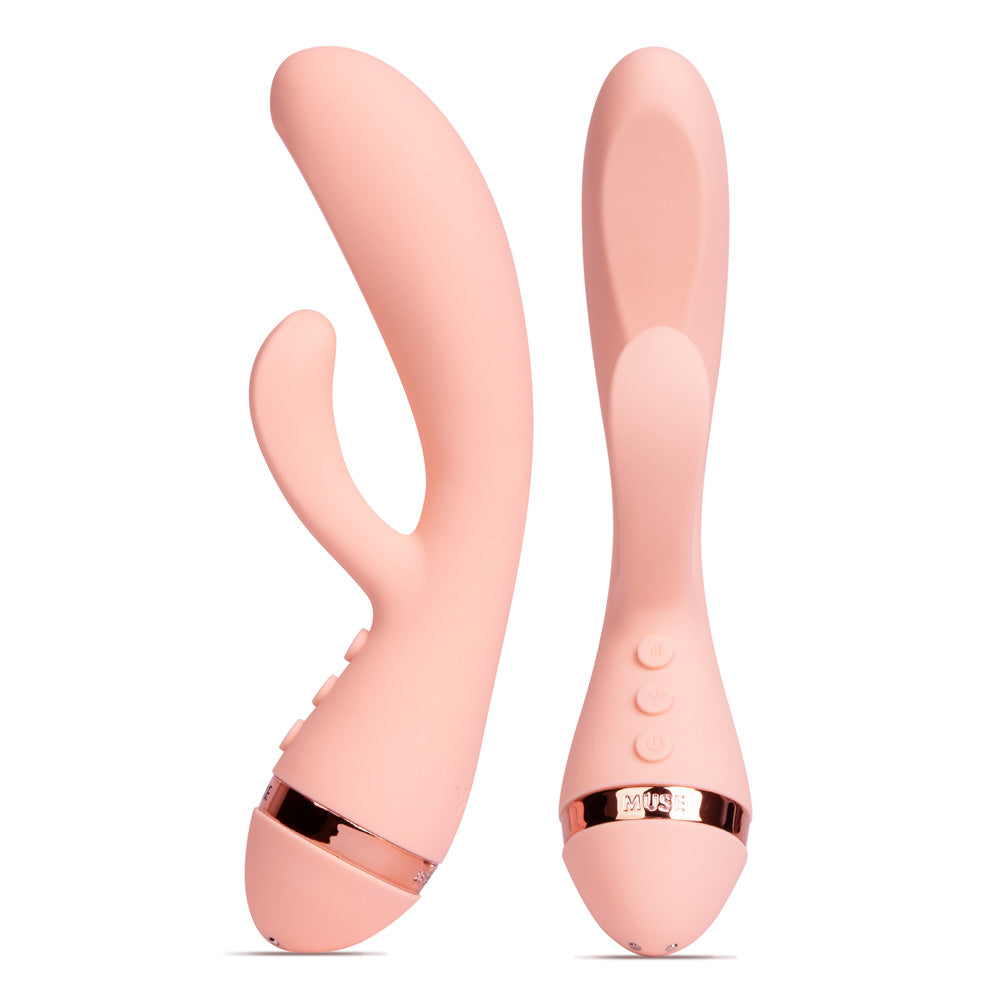 Vush Muse Dual Stimulation Rabbit Vibrator showcasing two stimulation points in a soft pink color.