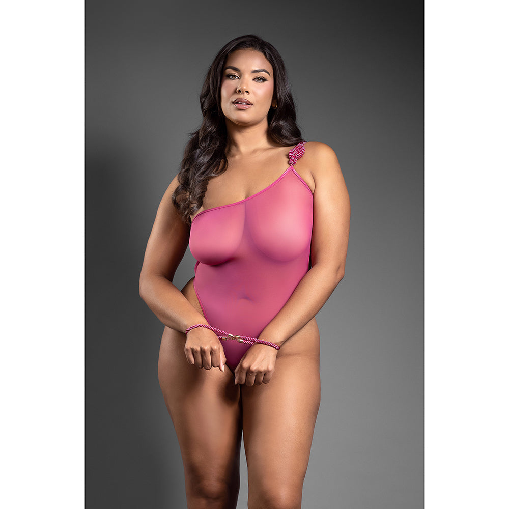 Fantasy Lingerie Domina One-Shoulder Mesh Teddy & Matching Rope Cuffs; Gold Hardware Queen Size