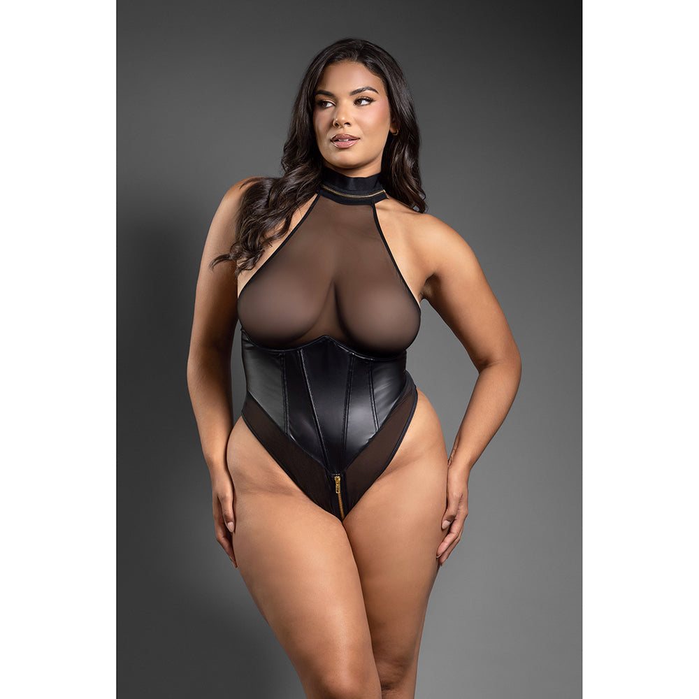 Fantasy Lingerie Domina Faux Leather Corset Mesh Teddy with Zipper Halter & Front To Back Zipper Queen Size