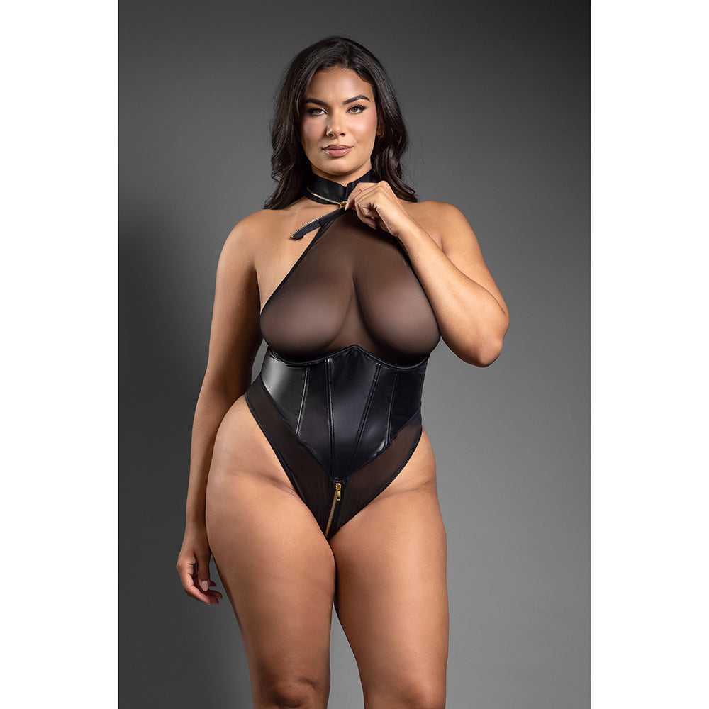 Fantasy Lingerie Domina Faux Leather Corset Mesh Teddy with Zipper Halter & Front To Back Zipper Queen Size