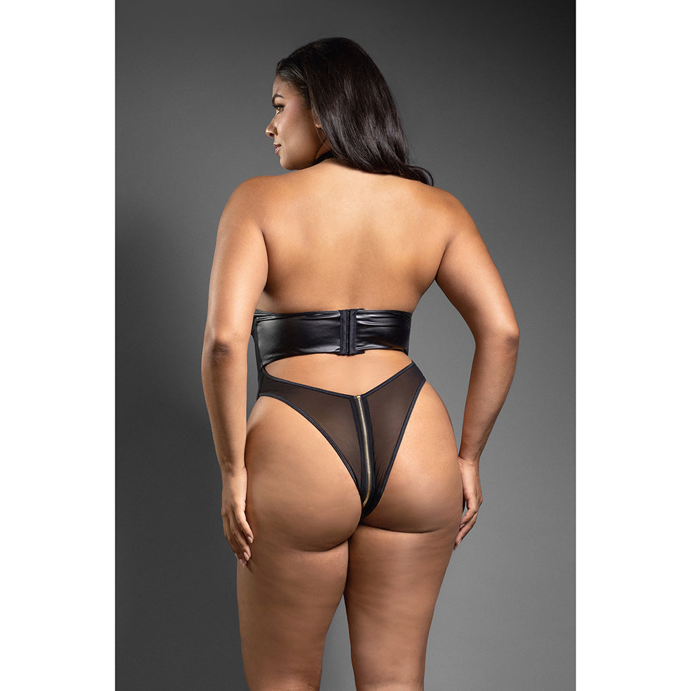 Fantasy Lingerie Domina Faux Leather Corset Mesh Teddy with Zipper Halter & Front To Back Zipper Queen Size