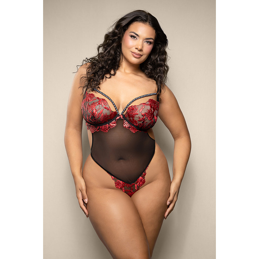Fantasy Lingerie Opulence Floral Embroidered Mesh Teddy with Underwire Pearl Cups & Pearl String Queen Size