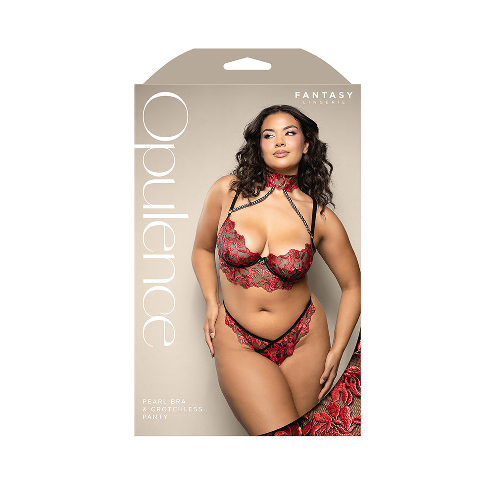 Fantasy Lingerie Opulence Pearl Choker Bra and Panty QS packaging featuring a model in red floral embroidered lingerie.