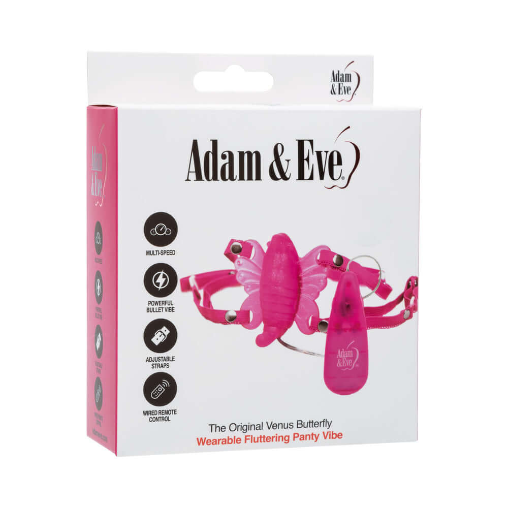 Adam & Eve The Original Venus Butterfly Vibrator packaging showing a wearable fluttering panty vibe.