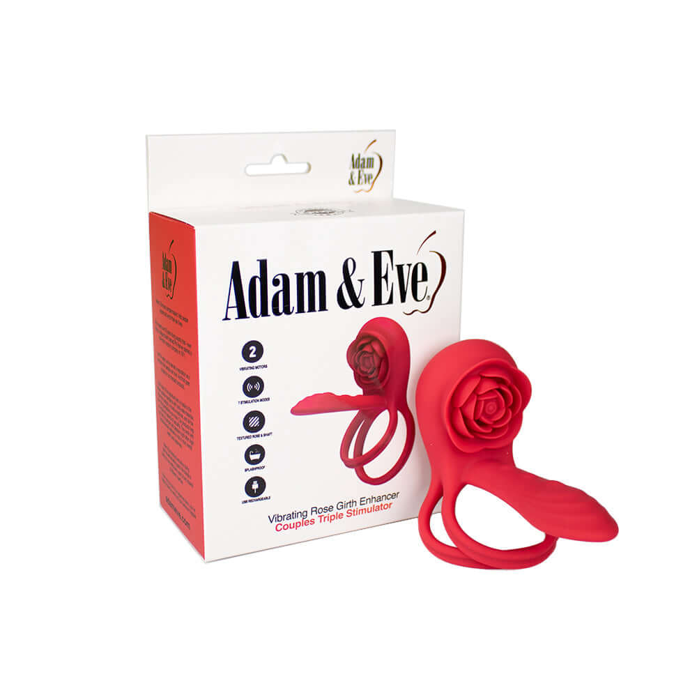 Adam & Eve Vibrating Rose Girth Enhancer Couples Triple Stimulator with packaging and product design.