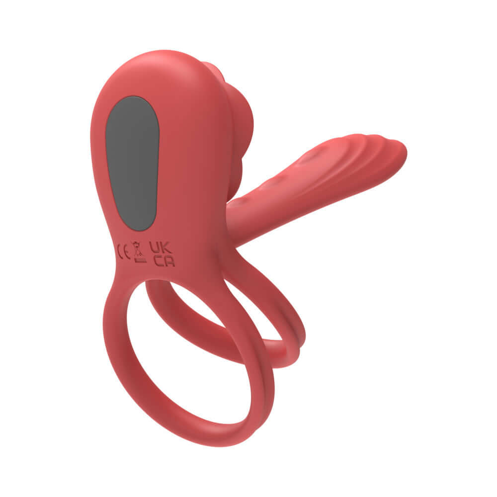 Adam & Eve Vibrating Rose Girth Enhancer Couples Triple Stimulator in a red design with dual rings and enhancer.