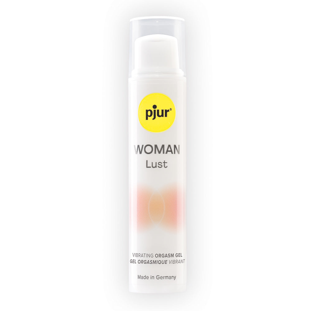 pjur Woman Lust Vibrating Orgasm Gel 15 ml in a sleek bottle designed for enhancing clitoral stimulation.