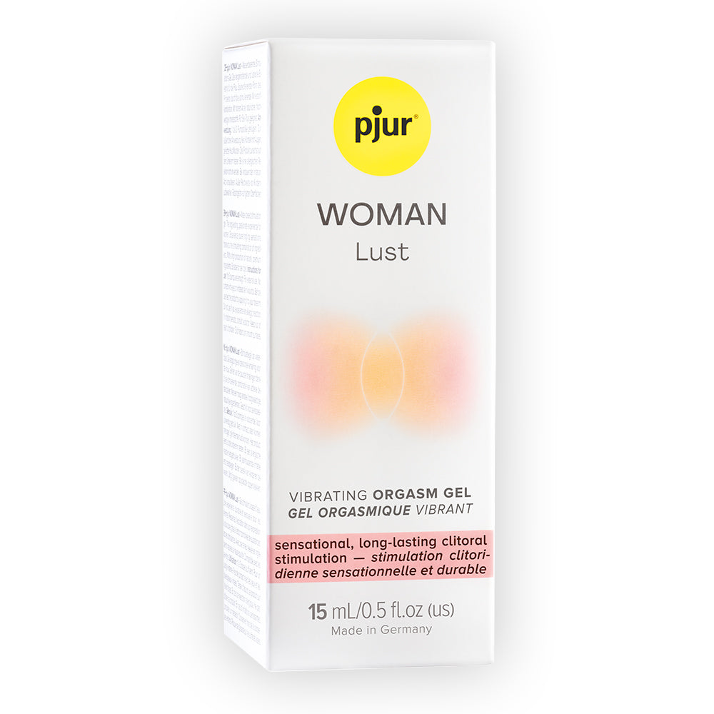 pjur Woman Lust Vibrating Orgasm Gel 15 ml packaging for enhanced clitoral stimulation and arousal.