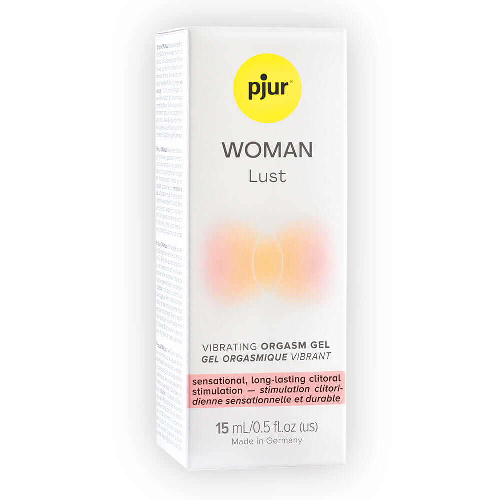 pjur Woman Lust Vibrating Orgasm Gel 15 ml packaging for enhanced clitoral stimulation and arousal.