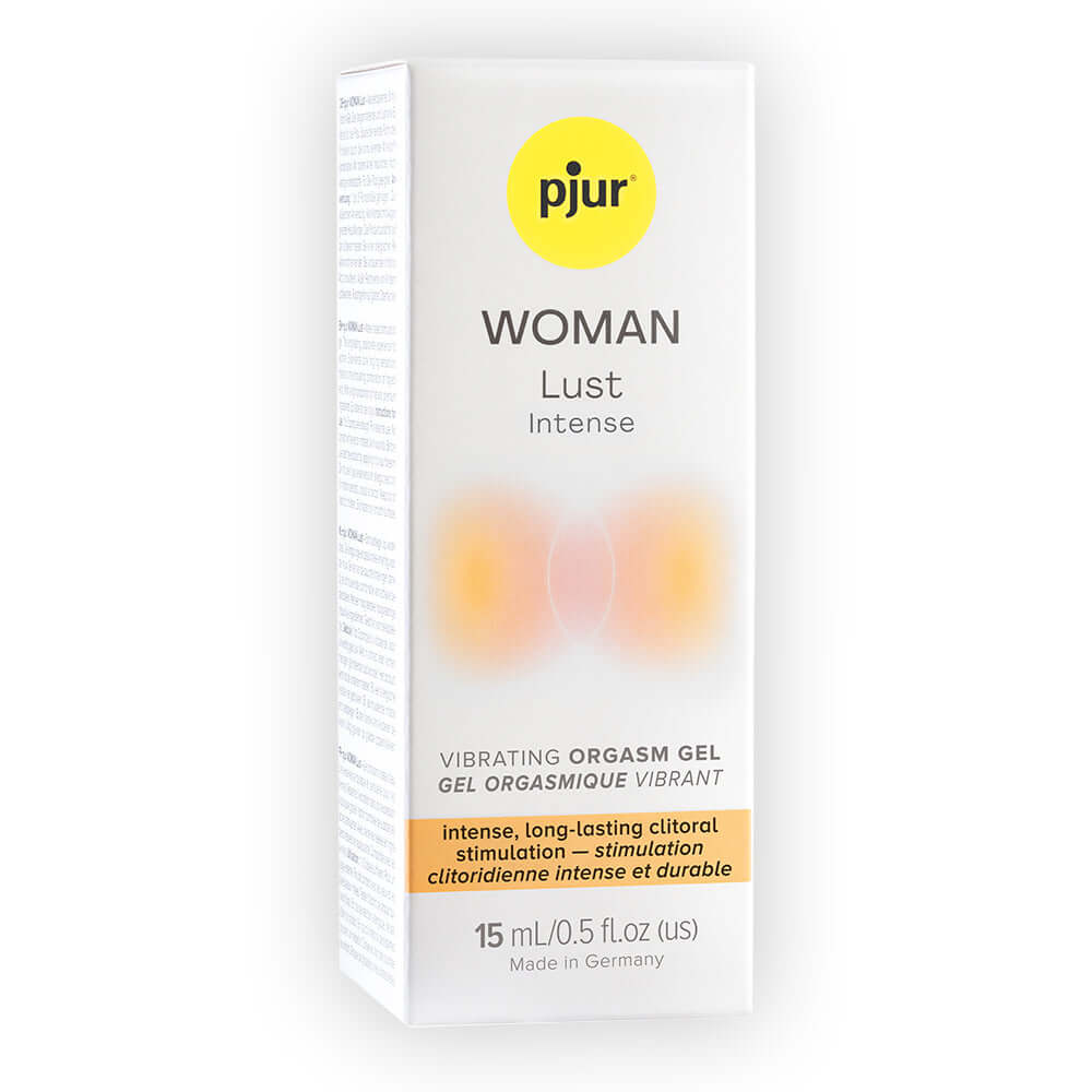 pjur Woman Lust Intense Vibrating Orgasm Gel 15 ml packaging with a description of its clitoral stimulation benefits.