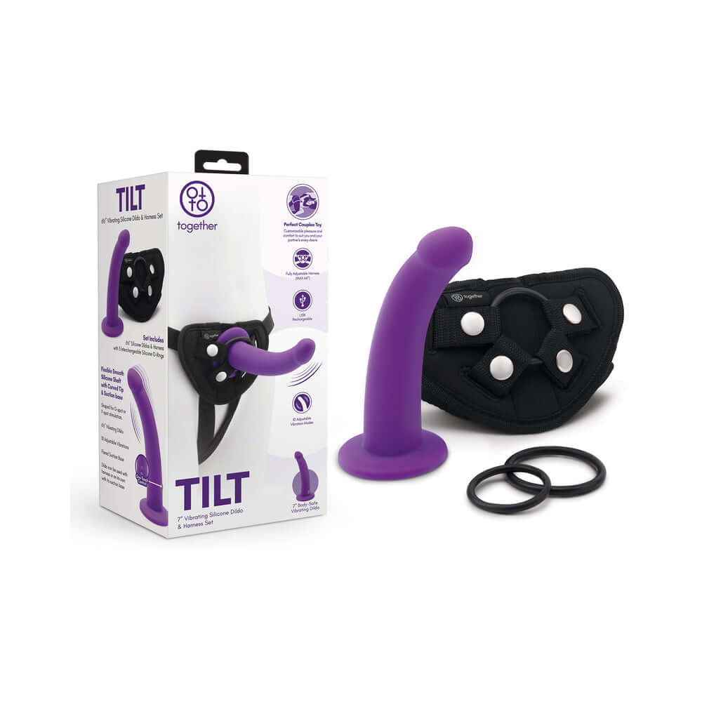 Together Tilt 6.5 inches Silicone Dildo and Harness Set Purple