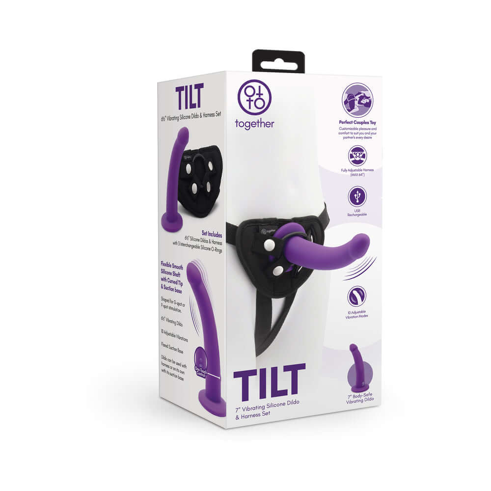 Together Tilt 6.5 inches Silicone Dildo and Harness Set Purple
