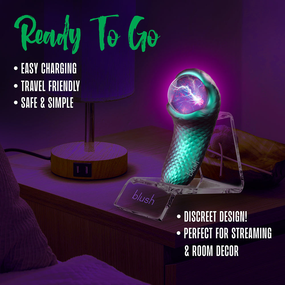 Temptasia Enchanted Serpent Dark Millenia Pulse Vibrator showcased on a nightstand with glow and charging features.