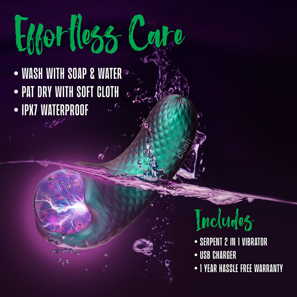 Temptasia Enchanted Serpent Dark Millenia Pulse Vibrator features effortless care and waterproof design.