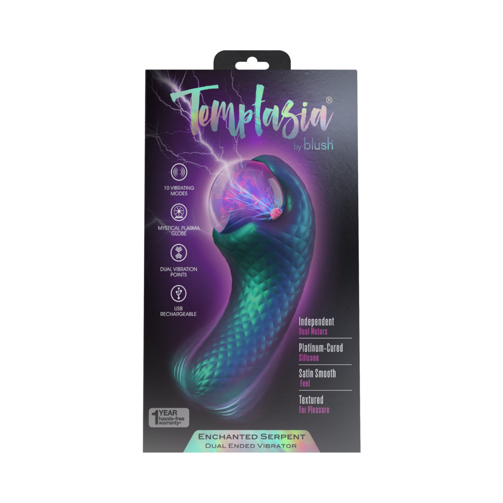 Temptasia Enchanted Serpent Dark Millenia Pulse Vibrator packaging showcasing its features and design.