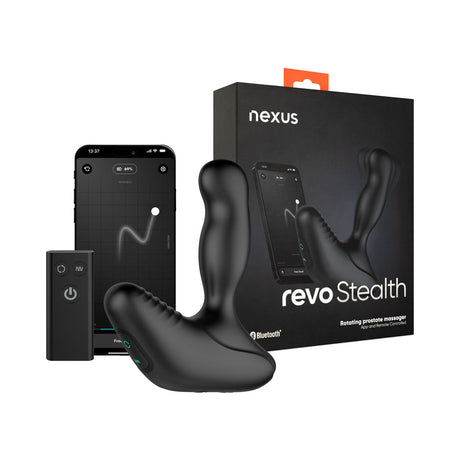 Nexus Revo Stealth App Enabled Rotating Prostate Massager with remote and smartphone app packaging.