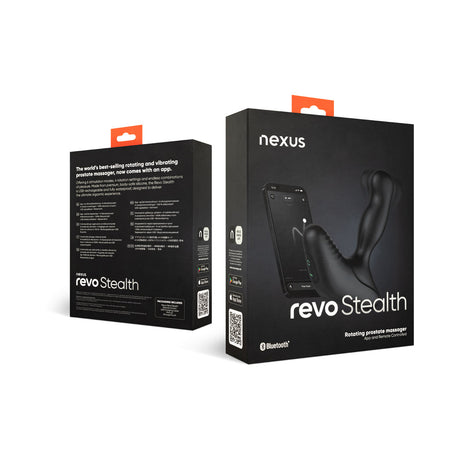 Nexus Revo Stealth App Enabled Rotating Prostate Massager packaging showcasing product features and app control.