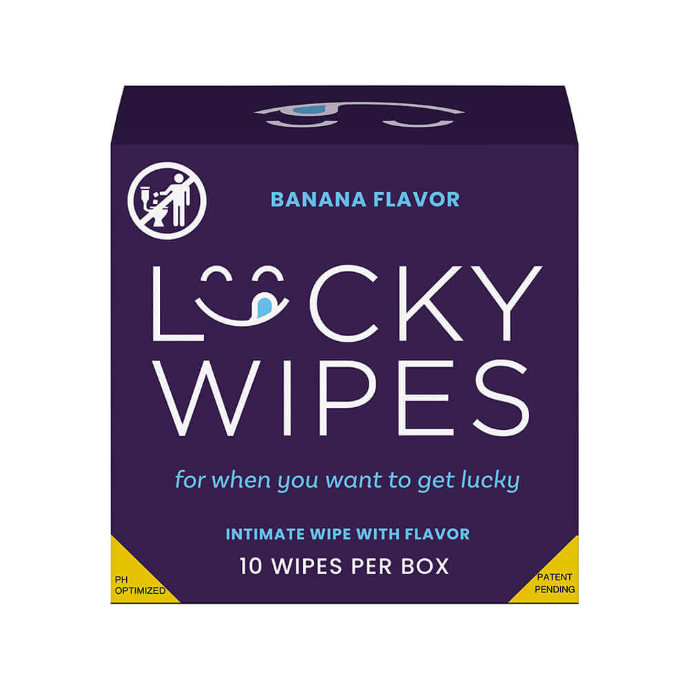 Sweetums Lucky Wipes Banana Flavor 10-Pack box featuring banana flavor, pH optimized intimate wipes for refreshing cleanliness.