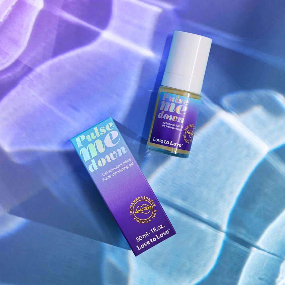 Love to Love Pulse Me Down Penis Stimulating Gel 1 Oz in a stylish bottle and packaging on a colorful background.