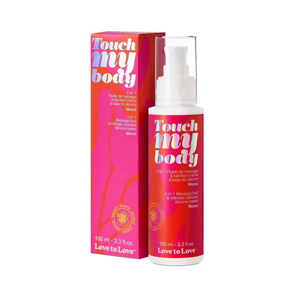 Touch My Body 2-in-1 Massage Fluid & Intimate Lubricant Monoi 3.3 Oz bottle with packaging