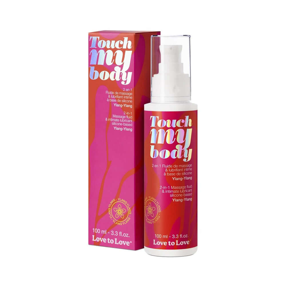 Touch My Body 2-in-1 Massage Fluid & Intimate Lubricant Ylang-Ylang 3.3 Oz in a stylish bottle and box design.