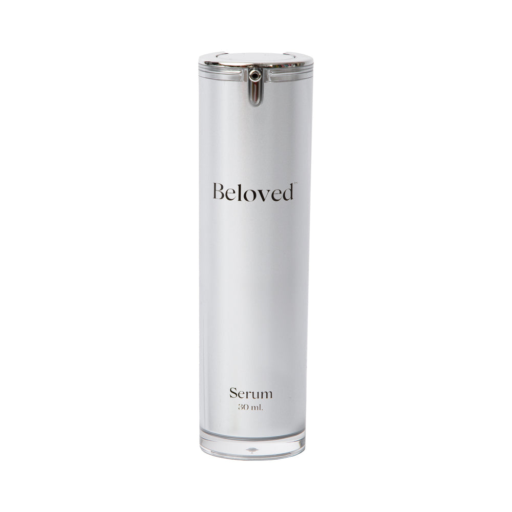 Beloved Intimacy Serum 30 ml in a sleek silver bottle for soothing and hydrating intimate skin.