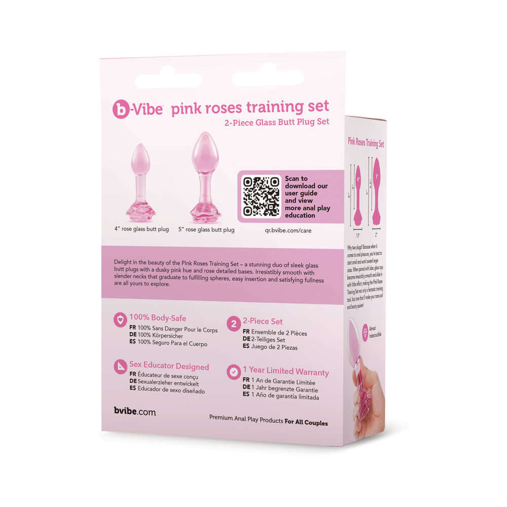 b-Vibe Glass Pink Roses Training Plug Set packaging with two glass butt plugs and care information.