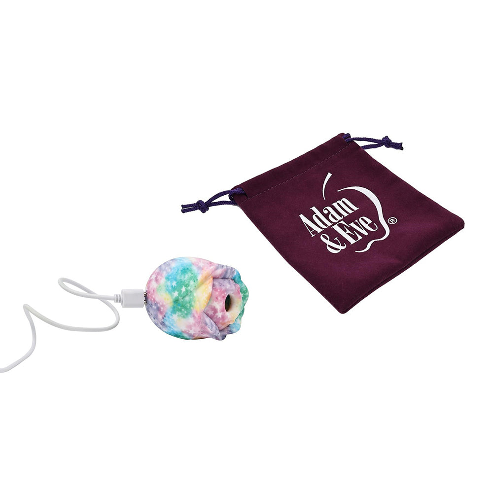 Adam and Eve Eves Ravishing Rose Tapping Clitoral Stimulator next to a storage pouch.