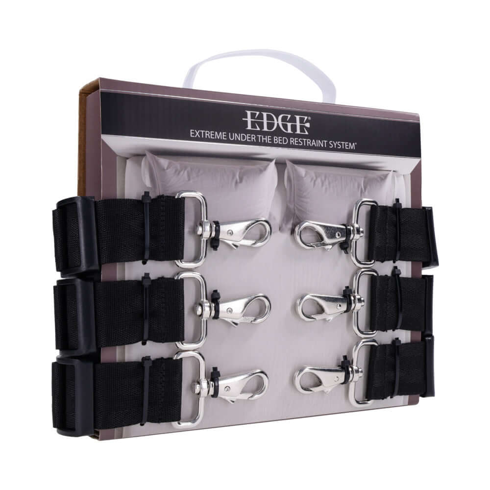 Sportsheets Edge Extreme Under the Bed Restraint System packaging with adjustable straps and attachment points.