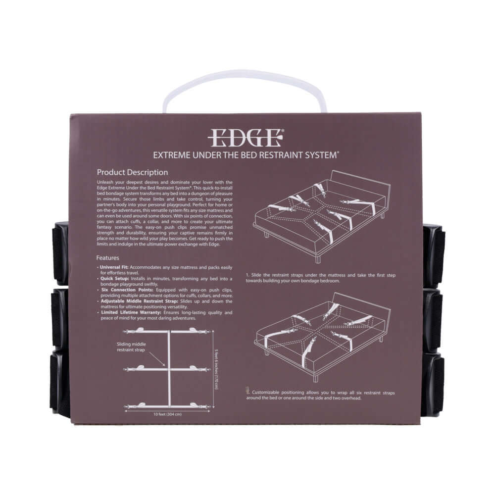Packaging for Sportsheets Edge Extreme Under the Bed Restraint System showcasing product details and features.