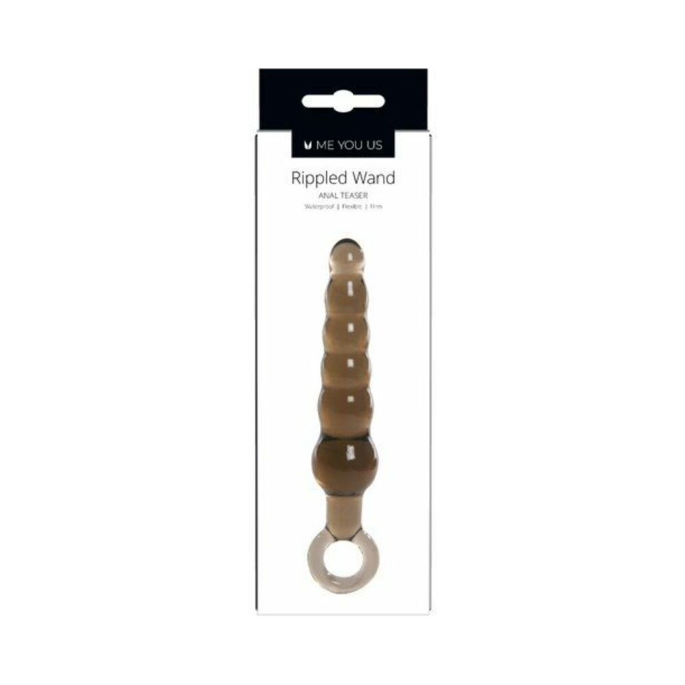 Me You Us Rippled Wand Anal Teaser Plug Black packaging featuring a tapered tip and rippled design for stimulating pleasure.