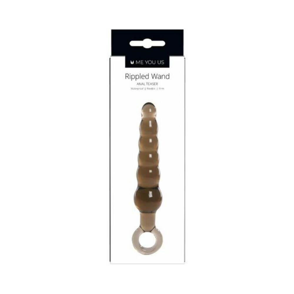 Me You Us Rippled Wand Anal Teaser Plug Black packaging featuring a tapered tip and rippled design for stimulating pleasure.