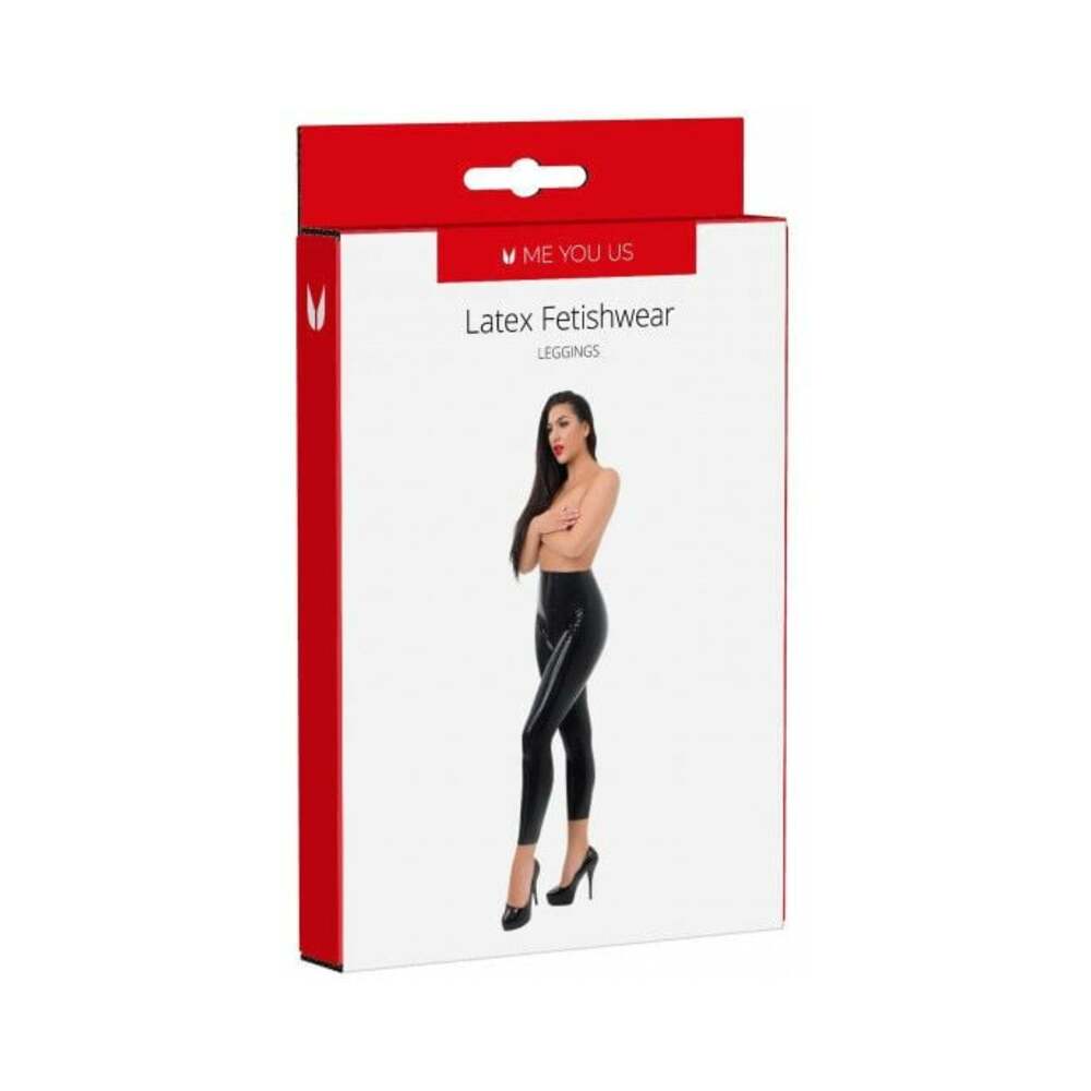 Me You Us Latex Fetishwear Leggings S packaging display featuring a model in black leggings.