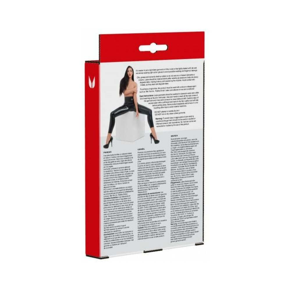 Me You Us Latex Fetishwear Leggings S packaging display with product details and model wearing leggings.