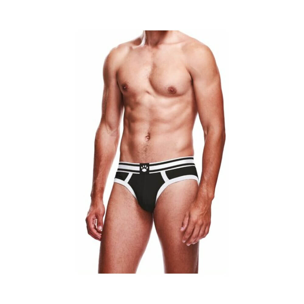 Prowler Brief Black White Medium shown on a male model, featuring a sleek black design with white trim.